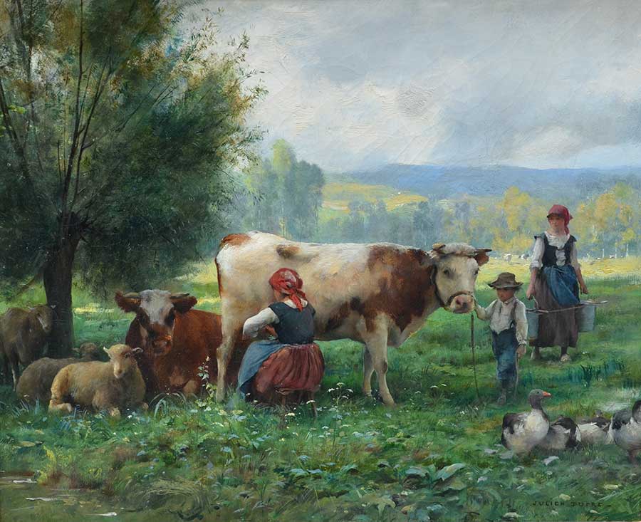 French School, oil on canvas signed bottom right Julien Dupré (1851-1910) - The Milking