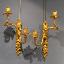 Pair of Chiseled Gilded Bronze Sconces with Two Light Arms